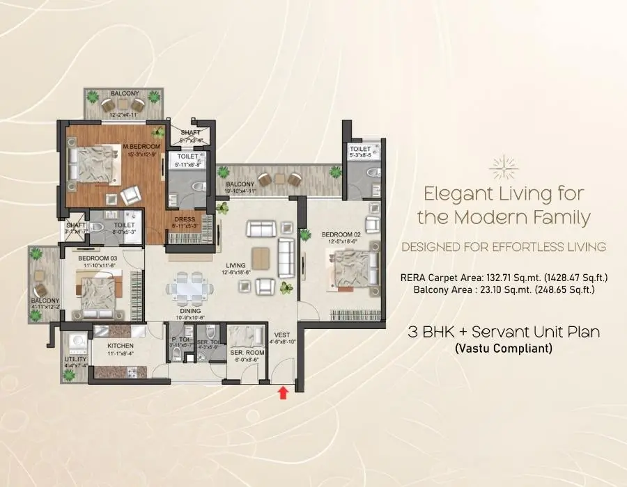 3 BHK Servant Floor Plan — Abhyudaya Celestial Shaheed Path Lucknow